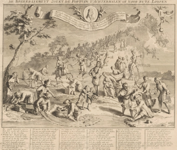Greed tries to overtake Fortune, 1720, Desire seeks to catch up with or bypass Fortune, The Great Tableau of Folly, cartoon, print, Greed tries to overtake Fortune. Depiction of all kinds of greed among people from childhood to old age. In the background, a procession of wind traders on foot and in carriages plunges from a cliff into the abyss in pursuit of Fortune. At the top, a portrait of John Law next to a banner with a six-line verse. With caption in six columns. Print 56 in the series The Great Tableau of Folly with satirical prints on the Speculative Market or Stock Trading of 1720., printmaker, Northern Netherlands, paper, etching, engraving, height 342 mm x width 431 mm, showing the rise, progress and downfall of the Stock Trading, Bubble and Speculative Trade, committed in France, England and the Netherlands in the Year 1720 (…). Amsterdam: widow Joachim Ottens, 1720. Several editions of this publication have appeared., Person, John Law, Luck, Fortune, Lot, 'Fato', 'Fortuna',...
