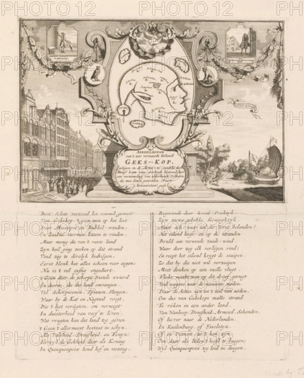 The Island of Gekskop, 1720, Illustration of the very renowned island of Geks-Kop (…), The Great Tableau of Folly, cartoon, print, Map of the island of Gekskop in the shape of a jester's head. On the left, a rebellious crowd in front of the Quincampoix coffee house in Amsterdam; on the right, the sailing carriage with banner: to Viane. On the sheet below the plate, the caption printed in two columns from a separate plate. Print 57 in the series The Great Tableau of Folly with satirical prints on the Speculative Market or Stock Trading of 1720., printmaker, Northern Netherlands, paper, etching, engraving, printed from two plates on one sheet, height 164 mm x width 235 mm x height 135 mm x width 235 mm, height 533 mm x width 424 mm, Print used in: The Great Tableau of Folly, showing the rise, progress and downfall of the Stock Trading, Bubble and Speculative Trade, committed in France, England and the Netherlands in the Year 1720 (…). Amsterdam: widow Joachim Ottens, 1720. Various editio...