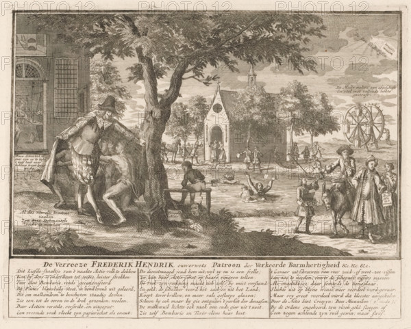 Frederik Hendrik grants mercy to the naked actionists, 1720, The resurrected Frederik Hendrik old-fashioned patron of Misguided Mercy &c. &c. &c., The Great Tableau of Folly, cartoon, print, A resurrected Frederik Hendrik grants mercy by the miraculous tree to the naked and destitute actionists by offering them shelter under his cloak. This is a depiction of an old proverb: to cover oneself with the cloak of Frederik Hendrik, which means: to be free from financial persecution. In the center, wind traders are drowning in a ditch, on the right a carousel. With caption in two columns. Print 60 in the series The Great Tableau of Folly with satirical prints on the Speculative Market or Stock Trading of 1720., printmaker, Northern Netherlands, paper, etching, engraving, height 262 mm x width 330 mm, showing the rise, progress and downfall of the Market, Bubble and Speculative Trade, committed in France, England and the Netherlands in the Year 1720 (…). Amsterdam: widow Joachim Ottens, 1720. ...