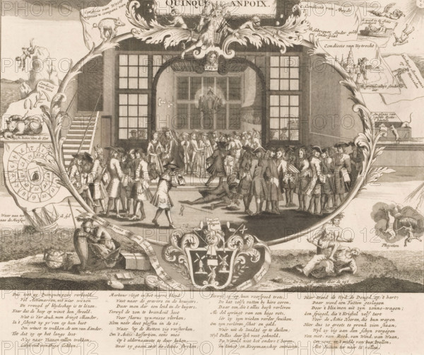 Quinquanpoix, The Quincampoix Coffee House in Amsterdam, 1720, The Great Tableau of Folly, cartoon, print, Central depiction of the Quincampoix coffee house on Kalverstraat, the center of the stock market in Amsterdam, 1720. In the frame, references to projects in Muiden, Utrecht, Harlingen, Weesp, Rotterdam, and the Mississippi. At the bottom, a coat of arms composed of windmills and a jester's head. In the caption, a verse in four columns. Print 10 in the series The Great Tableau of Folly with satirical prints on the Speculative Market or Stock Trading of 1720., printmaker, Northern Netherlands, paper, etching, engraving, height 314 mm x width 390 mm, Print used in: The Great Tableau of Folly, showing the rise, progress and downfall of the Stock Trading, Bubble and Speculative Trade, committed in France, England and the Netherlands in the Year 1720 (…). Amsterdam: widow Joachim Ottens, 1720. Several editions of this publication have appeared., inn, coffee-house, public house, financi...