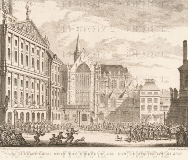 Capt. Scheerenberg quells the riot on the Dam in Amsterdam, 1747, Captain Scheerenberg drives away the rioters, print, book illustration, historical print, Under the leadership of Captain Abraham Scheerenberg, Orangist rioters are driven out of the city hall and off the Dam, November 9, 1747. In the occupied city hall, a demonstrator sticks a cobweb brush out of the window, which is a mocking reference to the rod carried by the sheriff. In the center the Nieuwe Kerk and on the right a part of the Weigh House., printmaker: Simon Fokke, Amsterdam, after design by, publisher: Arend Fokke Simonsz., publisher: Johannes Allart (possibly), 1782 - 1796, paper, etching, engraving, height 180 mm x width 207 mm, Current state of print also used in: Wagenaar, Jan. Vaderlandsche historie, vervattende de geschiedenissen der nu Vereenigde Nederlanden (…). 21 volumes. Amsterdam, Leiden, Dordrecht and Harlingen: P. Schouten et al., 1782, vol. 20. Wagenaar, 1790-1796, vol. 20 (1796)., Person, Abraham Sc...