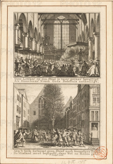 No Pastor on the Chair is safe from danger, When Senseless Vengeance desecrates God's House of Prayer, To the People neither Punishment nor Unbridled Violence befits, Crime must be tested, where Law and Reason prevail, Attack on the preacher JH François in the Walloon Church, Unrest at the Walloon Church after the attack, 1755, print, book illustration, Plate with two representations. Above: Minister JH François is shot in the Walloon Church on the Oudezijds Achterburgwal in Amsterdam by the insane baker's assistant Jean Langele on October 12, 1755. Below: Commotion on the Walenpleintje in front of the Walloon Church after the attack on the minister., printmaker: Simon Fokke, Amsterdam, publisher: Frans Houttuyn, 1755 - 1756, paper, etching, engraving, height 165 mm x width 107 mm, Print also used in: Nederlandsche Jaerboeken, inhoudende het verhael van de merkwaerdigste geschiedenissen (…) voor het jaer MDCCLV, sa 1755-1756, between p. 922 and 923., interior of church, church (exterio...