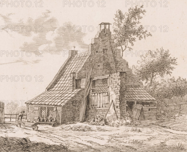 Ruins of the house Snaatburg in Maarssen, print, printmaker: Anthonie van den Bos, Netherlands, 1801, paper, etching, height 170 mm x width 210 mm, ruin of a dwelling, house, castle, Maarssen, A detailed pen-and-ink drawing of a rustic scene showing a worn brick structure with a partially collapsed wall and exposed wooden beams, an adjacent tiled roof with a small chimney, a wooden gate and ladder leaning against the building, potted plants on a bench by a window, a wheelbarrow being pushed by a figure wearing a hat, clusters of trees with leafy branches behind and beside the building, a wooden barrel and fence near the right side, and a sky filled with lightly hatched clouds.