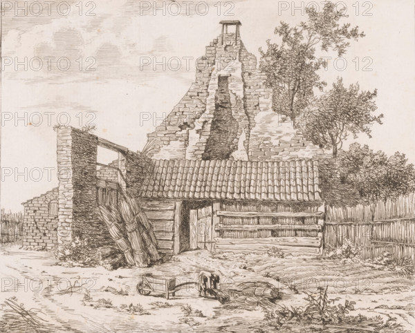 Reed cutter in front of the ruin of Huis Snaatburg in Maarssen, print, printmaker: Anthonie van den Bos, Netherlands, 1801, paper, etching, height 175 mm x width 206 mm, ruin of a dwelling, house, castle, reeds, rushes, building material, Maarssen, A detailed line drawing shows a rustic scene with crumbling brick walls and a steep, partially collapsed gable topped by a small wooden bell-like structure, adjacent to a tile-roofed outbuilding and wooden fence panels; leaning against the ruins are bundled long objects bound together, and in front of the structures are scattered tools including a small handcart and coiled ropes, with low vegetation and patches of grass on the ground; to the right, leafy trees rise behind the walls, and the sky above is filled with horizontal hatch marks suggesting clouds.