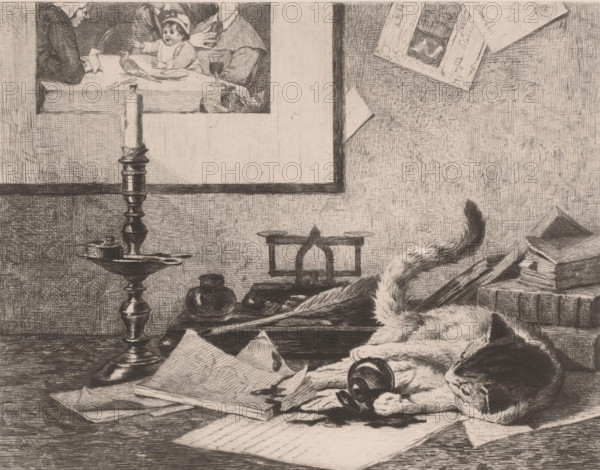 Playing cat spills an inkwell on the table, print, printmaker: Eduard van den Bosch, printer (person): F. Nys, Brussels, 1870 - 1880, printer (person), paper, chine collé, etching, drypoint, intaglio printmaking technique, height 207 mm x width 257 mm, A detailed etched scene shows a tabletop covered with scattered sheets and folded papers, a reclining cat curled with its head resting near a tipped cup, a tall ornate candlestick with a partially burned candle, an inkwell and blotter, a small scale, a pile of books and a fur thrown over the table edge, a framed picture on the wall depicting a child at a table with adults, and a corner of the wall with pinned papers.