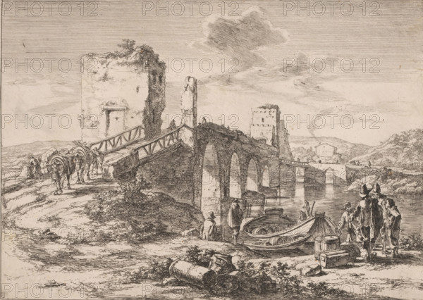 Landscape with bridge, the Ponte Molle, Landscapes in the vicinity of Rome, print, printmaker: Jan Both, Utrecht, 1637 - 1652, paper, etching, height 198 mm x width 275 mm, viaduct or aqueduct, Rome, Milvian Bridge, A sepia-toned etching showing a stone bridge with multiple arches spanning a body of water, ruined walls and towers flanking the bridge, a wooden railing on part of the bridge, small boats moored at the water’s edge, barrels and crates near the boats, groups of figures standing and walking along the shore and bridge, pack animals laden with goods being led along a dirt path, scattered stones and vegetation in the foreground, distant rolling hills under a sky with lined clouds.