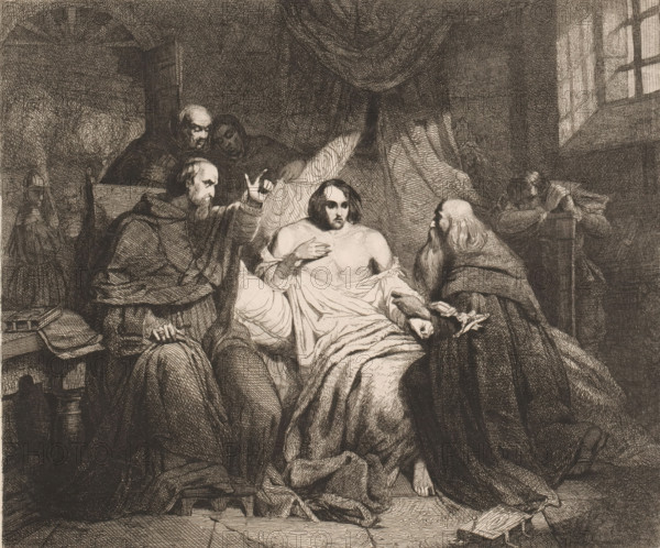 Interrogation of Don Carlos by the Grand Inquisitor Torquemada, print, printmaker: attributed to Henry Brown, after painting by Pierre Kremer, 1840 - 1870, Attributed to, paper, etching, height 260 mm x width 313 mm, Person, Carlos of Spain (prince), inquisitor, interior, representation of a building, Asking, Question, Interrogation, A monochrome etching shows a group of robed figures gathered around a central reclining figure on a bed, the central figure partially covered by a sheet with one hand on the chest and a bare shoulder exposed, dark hair falling to the shoulders and a solemn facial expression; to the left a robed man leans forward with an outstretched hand and an intense gaze while another hooded figure stands behind him; to the right an older robed man with a long beard faces the central figure and a seated person rests their head on folded arms near a window with light coming through; heavy drapery hangs above the bed and various folds of fabric, cushions, and a low stool ...