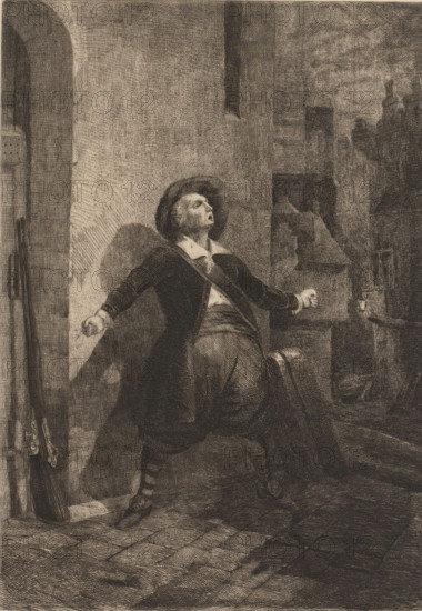 Man on the street with a gun next to him, print, printmaker: Henry Brown, after painting by Gustave Buschmann, 1826 - 1870, paper, chine collé, etching, etching on chine collé, height 256 mm x width 178 mm, adult male, street, firearms: rifle, A monochrome etching shows a figure standing with arms outstretched against a textured wall in a narrow street or alley; the figure wears a wide-brimmed hat, a dark coat over a lighter shirt with a visible collar, knee-length breeches, striped stockings, and buckled shoes, and the face is tilted upward with the mouth open. To the left of the figure, rifles lean against the wall near a tall archway. The ground is cobbled with varying hatch marks, and a shadow from the figure falls on the wall. In the background a row of tall, closely packed buildings with sloped roofs rises along the alley, and a small ledge or table on the right holds a cup or vessel. The image is rendered with dense cross-hatching and fine line work throughout.