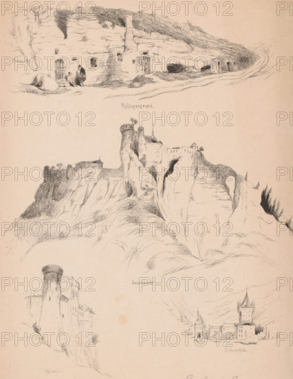 Views of the castles Rollingergrund, Ansembourg, Hohenfels and Schoenfels, print, printmaker: Gustave Buschmann (possibly), 1828 - 1852, paper, etching, height 277 mm x width 210 mm, landscape with tower or castle, castle, Luxembourg (district in the country Luxembourg), A sheet with several finely detailed pen sketches of rocky landscapes and medieval structures, the top area showing a cliff face with carved openings and a small group of figures near a doorway, middle sections depicting steep rocky towers and a castle perched on a precipice with jagged rock formations and trees, and lower areas featuring a tall round tower attached to buildings and a separate drawing of a fortified complex with spires, all rendered in delicate line work on aged paper.