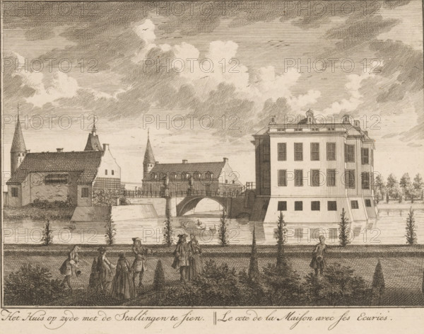 View of the side facade of Middachten Castle, The House on the side with the Stables visible, Le coté de la Maison avec ses Ecuries, Various beautiful and entertaining views of the old noble House of Middagten, Views of Middachten Castle, print, Series number, 6, Numbered lower right: 6., printmaker: Hendrik de Leth, Amsterdam, printmaker: Adolf van der Laan, publisher: Andries de Leth, c. 1725 - 1731, paper, etching, height 162 mm x width 211 mm, A detailed ink engraving shows a riverside scene with a large multi-story building on the right featuring tall rectangular windows and a stepped base rising from the water, adjacent to a bridge with an arch and railings connecting to smaller gabled and towered structures on the left; a roofed riverside shelter and steeply pitched roofs with chimneys and spires punctuate the skyline, while the river in front reflects the buildings and contains ducks and mild ripples; in the foreground a formal terrace with low hedges, slender ornamental trees,...