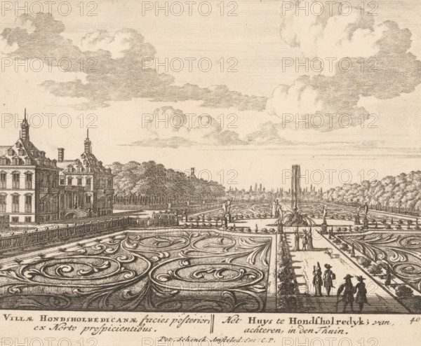 Villae Hondsholredicanae facies posterior, ex horto prospicientibus, Het huys te Hondsholredyk, van achteren in den thuin, Gezicht op Huis Honselaarsdijk vanaf de tuinzijde, Uitlegeesene Gesichte van het Wijdvermaarde Loo als andere vorstelijke huisen, Admirandorum quadruplex spectaculum, print, printmaker: Jan van Call (I), publisher: Pieter Schenk (I), Amsterdam, grantor of privilege: Staten van Holland en West-Friesland, c. 1694 - c. 1697, paper, etching, height 128 mm x width 169 mm, A detailed engraved scene shows an ornate formal garden with decorative parterres of swirling patterns in the foreground, flanked by straight walkways and low hedges. Along the right walkway are small groups of people in period dress, some in hats and long coats, others in robes, walking or standing and conversing. A central fountain with sculptural elements rises in the middle distance, surrounded by statues on pedestals and additional garden beds. To the left a large multi-story building with steep r...