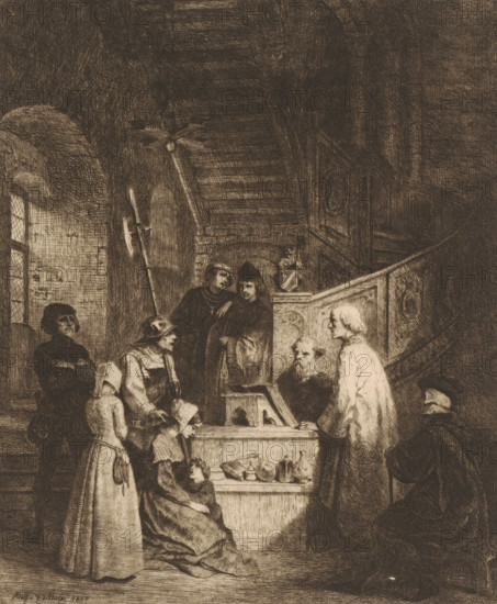 Figures before a judge with a staircase in the background, print, printmaker: Adolphe Alexandre Dillens, 1857, paper, etching, height 270 mm x width 227 mm, mother and baby or young child, private soldier, staircase, court-room, A detailed monochrome scene showing a group of people gathered inside a dim arched interior with stone walls and a tall staircase; several men in cloaks and hats stand or sit near a carved wooden pulpit where an older bearded man leans over an open book while another man in a light robe stands beside him; a woman kneels with a small child at her knees in front of a chest or table holding vessels and a book, and another woman stands nearby facing them; a helmeted soldier and other figures cluster to the left, one holding a long pole weapon; a small child sits on the pulpit ledge above a carved panel; light falls from a leaded window on the left illuminating textures of clothing, stone, and wood throughout the composition.