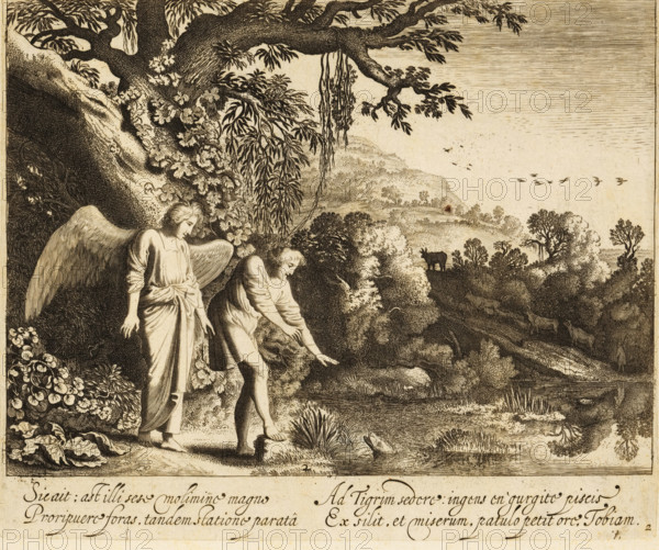 Tobias by the fish in the river Tigris, Story of Tobias, print, Series number, 2, 4, Tobias wants to wash his feet in the river Tigris, whereupon the angel Raphael instructs him to catch the fish that appears. Second print from a series of four about the biblical story of Tobias., printmaker: Jan van de Velde (II), Northern Netherlands, after design by Moyses van Wtenbrouck, 1603 - 1641, paper, etching, engraving, etching and engraving, height 171 mm x width 206 mm, a large fish appears while Tobias is washing his feet, he is frightened, Tobias washes his feet in the river Tigris, A detailed engraved scene shows a winged figure standing beside a barefoot young man who is leaning forward toward a river; the winged figure wears a long robe and has a calm expression while the young man reaches toward the water where a fish breaks the surface; surrounding them are dense plants and large leaves at their feet and a rocky bank behind them with vines and flowering foliage; an overhanging tree ...