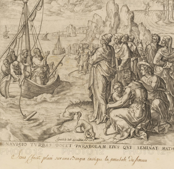 Christ telling parables from a ship, Parable of the Sower, Thesaurus sacrarum historiaru veteris testamenti, print, Series number, 1, 4, Christ sits in a boat with four disciples and tells the parable of the sower to the crowd on the shore. On the right in the background is the sower, who is sowing seed in the field. Below the image is a reference in Latin to the Bible text in Matt. 14. However, this should be Matthew 13:1. Below the Latin text a handwritten, French caption, inscription: 'Jesus Christu placé sur une Barque enseigne la parabole du semeur', printmaker: Pieter Jalhea Furnius, Southern Netherlands, after design by Gerard van Groeningen, publisher: Gerard de Jode, Antwerp, 1568, 1579, paper, engraving, pasting, pasted on album page, height 207 mm x width 242 mm, elegatissimis imaginibus expressu excelletissimoru in hac arte viroru opera : nuc primu in luce editus. Antwerp: Gerard de Jode, 1579. Or print used in: Thesaurus sacrarum historiarum veteris (et novi) testamenti, e...