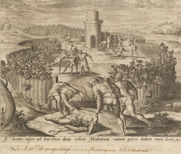 Parable of the Wicked Vineyards, Parables from the New Testament, Thesaurus novi Testamenti elegantissimis iconibus expressus continens historias atque miracula doni nostri Iesu Christi, print, In an enclosed vineyard, vineyard workers kill the servants of the owner of the vineyard. The servants came to collect the share of the harvest to which the owner was entitled. When his servants do not return, the owner decides to send his son. In the foreground, his son is thrown out of the vineyard by the tenants and murdered. Below the image is a reference in Latin to the Bible text in Luke. 20:9., inscription: 'Le Maitre delavigne, ', printmaker: Hans Collaert (I), printmaker: Adriaen Collaert, after design by Ambrosius Francken (I) (attributed to), publisher: Gerard de Jode, Antwerp, 1585, Attributed to, paper, engraving, pasting, pasted on album page, height 221 mm x width 281 mm, the wicked husbandmen kill the servants of the lord, who are sent to gather the fruits, at last the lord sends...