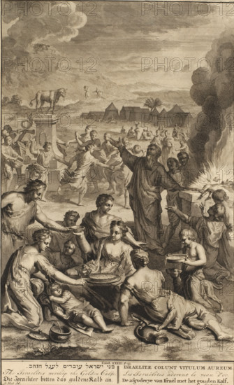 Dance around the Golden Calf, print, book illustration, The idolatry of Israel with the dance around the golden calf. In the foreground, dancing and music are being played around a pillar with the golden calf. In the foreground, a feast is being eaten. In the background, Moses on the mountain with the stone tablets of the law. Illustration of the Bible text Ex. 32: 6-19. Below the image, the title in Hebrew, English, German, Latin, French, and Dutch., printmaker: Jan van Vianen, after drawing by Gerard Hoet (I), publisher: Bernard Picart (possibly), Amsterdam, publisher: Pieter de Hondt (possibly), The Hague, 1705 - 1720, 1720 - 1728, paper, etching, engraving, etching and engraving, height 354 mm x width 216 mm, Print originally intended for: Figures de la Bible. Amsterdam: Bernard Picart, 1720. Print also used in: Taferelen der principe geschiedenissen van het Oude en Nieuwe Testament, door de verrede kunstenaars Hoet, Houbraken, en Picart getekent, 1728, The People Dance Around the ...
