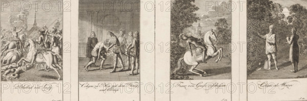 Four depictions from the history of the St. Bartholomew's Day Massacre, print, The prints are numbered at the top right. With caption and page reference in German., printmaker: Daniel Nikolaus Chodowiecki, Berlin, after design by Daniel Nikolaus Chodowiecki, 1797, Daniel Nikolaus Chodowiecki, printmaker, paper, etching, proof print, height 117 mm x width 276 mm, Prints used for: Historisch-genealogischer Kalender auf das Jahr 1799 und 1800. Die Geschichte der Bartholomäusnacht oder die Bluthochzeit zu Paris. Berlin: Johann Friedrich Unger, 1798., Person, François (Duke de Guise), Gaspard de Coligny (II), Jean de Poltrot, battle, kneeling figure, murder, introducing, (military) espionage, Bartholomew's Night, Paris, Vassy, Four vertical engraved scenes sit side by side, each framed with a pale border. In the leftmost scene a chaotic battle unfolds with armored horsemen in dynamic poses, horses rearing and riders brandishing swords amid billowing smoke and fallen figures on the ground. T...