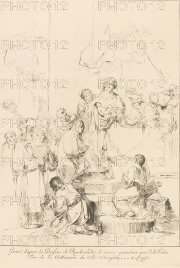 Presentation of Christ in the Temple, print, printmaker: Joachim Martin Falbe, after drawing by Christian Wilhelm Ernst Dietrich, after drawing by Rembrandt van Rijn, 1722 - 1782, paper, etching, height 307 mm x width 237 mm, presentation of the Christ-child in the temple, usually Simeon (and Anna) present (Luke 2:22-39), A detailed pen drawing of a group of people gathered around a raised platform, with a bearded man holding an infant at the center while others stand or kneel nearby; figures wear robes and head coverings, some with turbans and some with hoods, and several people are shown in profile or three-quarter view with varied facial expressions. Draped fabric hangs above the central group, and steps lead up to the platform where a few figures kneel or lean forward. To the lower right a seated figure faces the platform and a basin or large bowl sits nearby. On the left a line of standing figures forms a procession, and at the lower foreground a person bends forward with a basket...