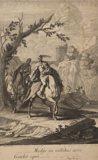 Horsemen passing through the valley, Medijs in vallibus acri Gaudet equo, print, printmaker: Jacob Andreas Fridrich (I), after drawing by Georg Philipp Rugendas (I), publisher: Jeremias Wolf, Augsburg, Holy Roman Empire, 1694 - 1724, unknown, grantor of privilege, Bavaria, paper, engraving, etching, height 292 mm x width 192 mm, Part of a series of prints about the story of Aeneas written by Virgil (Virg. Aen. 4)., riding a horse, ass, or mule, rider, horseman, landscape with ruins, Asiatic races and peoples (costume), A sepia-toned engraving shows two men riding horses along a rocky path under a large branch with sparse leaves; the leading rider wears a cloak and a turban-like head covering with a long feather and sits astride a light-colored horse whose legs and mane are detailed, while the companion behind him rides a darker horse and wears a draped garment and headwrap; in the background a group of additional riders appears near a cliffside with trees and a tall tower set against a...