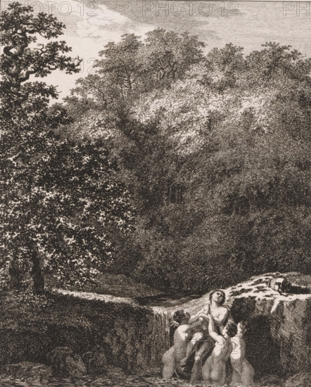 Hylas abducted by the nymphs, Landscapes with mythological figures, print, Series number, 10, printmaker: Salomon Gessner, 1771, paper, etching, height 240 mm x width 190 mm, forest, wood, Hylas abducted by the nymphs whilst fetching water, A densely shaded forest scene fills most of the image with tall, leafy trees and textured undergrowth, their branches and foliage rendered in fine, dark lines against a lighter sky; near the lower right a group of nude figures stand waist-deep in water, their bodies clustered together as they reach toward and support a reclining figure on a rocky ledge where a small waterfall flows over the edge; on the ledge beside the reclining figure lies a cylindrical object.