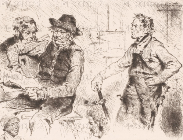 Study sheet with male figures and heads, print, printmaker: Otto Günther-Naumburg, publisher: Weimarer Radierverein, Weimar, 1880 - 1887, Thuringia, paper, chine collé, etching, drypoint, height 184 mm x width 236 mm, Print is part of a group of prints published between 1880 and 1888 by the Gesellschaft für Radierkunst in Weimar., adult man, reading, A monochrome sketch shows three standing men and parts of two seated figures rendered with fine crosshatching and varied line work; one man wears a hat and has a beard and vest while holding a folded cloth, another man stands facing him with a hand on his hip and an apron tied around his waist, and a third older man leans forward with his head bowed and hands near the cloth; the background is filled with diagonal hatch marks and simple architectural lines, and additional partial faces and hands appear around the lower edges.