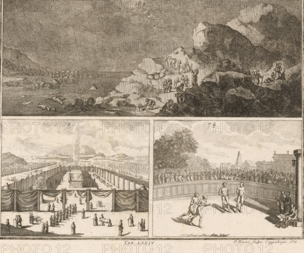 Three illustrations from Basedow's Elementarwerk, print, book illustration, With caption: Tab. LXXIV., printmaker: Peter Haas, Copenhagen (city), 1774, Peter Haas, printmaker, paper, etching, height 183 mm x width 229 mm, A large engraved scene divided into panels shows a mountainous coastal landscape in the top panel with rocky cliffs, groups of small human figures climbing and standing on ledges, and a shoreline with scattered boats and low vegetation; below, left panel displays an enclosed area with draped fabric hung along a fence, tents and a long central covered structure, and many small figures walking, kneeling, and interacting within and outside the enclosure; right panel shows an arena with a curved wooden barrier, a crowded audience beyond it, and several nude male figures inside the ring with a seated man holding a staff beside the barrier.