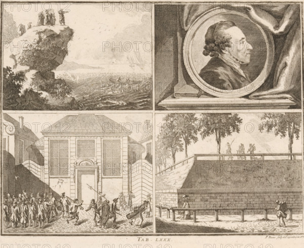 Four illustrations from Basedow's Elementarwerk, print, book illustration, With caption: Tab. LXXX., printmaker: Peter Haas, Copenhagen (city), 1774, Peter Haas, printmaker, paper, etching, height 181 mm x width 230 mm, A large engraved plate divided into panels showing various scenes: a coastal cliff with figures standing at the edge overlooking a choppy sea where small rowboats and sailing ships are visible, surrounded by clouded sky; a circular framed profile portrait of a man with curled hair set against draped fabric and resting on a shelf with a book; a street scene in front of a building with tall windows where many armed figures march and others run or fall in disorder on a cobbled ground; an elevated walkway or rampart lined with trees where small groups of people carry bundles and walk along a parapet; and a lower riverside or quay area with a man sitting under a shelter and another standing nearby, all rendered in fine line engraving.
