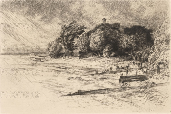 House in stormy landscape in Reichenau, print, printmaker: Peter von Halm, 1864 - 1923, paper, drypoint, intaglio printmaking technique, height 197 mm x width 274 mm, river, rural housing, eg country-house, villa, cottage, storm, Reichenau, A monochrome sketch of a shoreline scene showing choppy water in the foreground and a sandy beach with scattered wooden beams and posts along the edge, a cluster of wind-swept trees and dense foliage rising behind the beach, and a roofed building partially hidden among the trees with a small chimney visible above the treeline; to the right a tall, leaning tree or reed stands near the shore, and the sky overhead is filled with turbulent, crosshatched clouds with diagonal lines suggesting rain or wind.