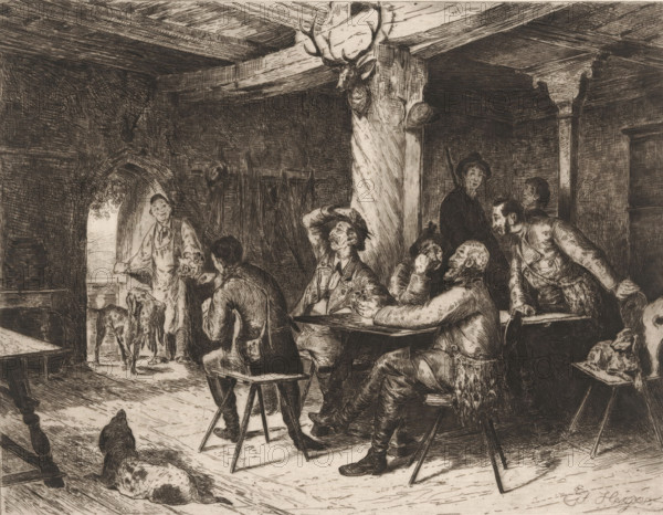 Inn scene with a group of drinking hunters, print, printmaker: Edmund Herger, publisher: Weimarer Radierverein, Weimar, 1880 - 1888, Thuringia, paper, chine collé, etching, intaglio printmaking technique, height 223 mm x width 285 mm, Print is part of a group of prints published between 1880 and 1888 by the Gesellschaft für Radierkunst in Weimar., hotel, hostelry, inn, hunter, hunting dogs, alcoholic drinks, hare-hunting, rabbit-hunting, A detailed monochrome scene inside a rustic room with exposed beams and a large central wooden post topped by a mounted stag head, showing a group of seated and standing men dressed in period clothing gathered around a long table, some holding cups and pipes while others gesture or lean in conversation, a man standing in a doorway with a dog beside him, another dog lying on the floor in the foreground, wooden stools and benches, a shelf or table with a resting animal carcass to the right, hats hanging on pegs along the back wall, and strong cross-hatch...