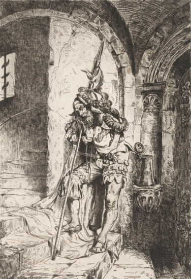 Sleeping soldier leaning against his halberd on a staircase, print, printmaker: Edmund Herger, publisher: Weimarer Radierverein, Weimar, 1880 - 1888, Thüringen, paper, chine collé, etching, intaglio printmaking technique, height 258 mm x width 182 mm, Print is part of a group of prints published between 1880 and 1888 by the Gesellschaft für Radierkunst in Weimar., knight, sleeping, unconsciousness, helved weapons, polearms (for striking, hacking, thrusting): halberd, staircase, A detailed ink drawing of a man in ornate period clothing standing in an arched stone interior; he leans on a long staff and rests his head against his hand, wearing a plumed hat with layered fabric and a braided element around his shoulders, a ruffled collar, puffed sleeves, and fitted breeches with decorative slashes and padded detailing. The surrounding architecture shows heavy stone arches, carved column capitals, and a recessed doorway with textured masonry; a draped cloak or fabric trails on the steps bene...
