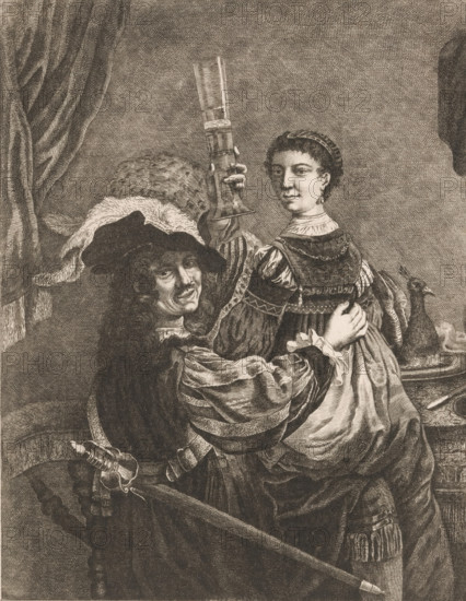Richly dressed man with a glass in his hand and a woman on his lap, print, printmaker: Georg Leopold Hertel (possibly), after a drawing by Rembrandt van Rijn, Augsburg, 1750 - 1778, Rembrandt van Rijn, after a drawing by, Bavaria, paper, etching, height 265 mm x width 205 mm, hacking and thrusting weapons: sword, evening meal, dinner, supper, glass of beer, sitting in someone's lap - AA - female human figure, A detailed black and white engraving of two figures in historical clothing, one seated and turned toward the viewer wearing a wide-brimmed hat with a large plumed feather and a striped, voluminous-sleeved garment, the other standing and turned slightly away with a braided hairstyle and a fitted dress with decorative panels and puffed sleeves; the seated figure holds a tall, narrow vessel aloft while smiling, and the standing figure looks back with a neutral expression and a hand resting on the seated figure's shoulder; a sword with an ornate hilt rests across the seated figure's l...