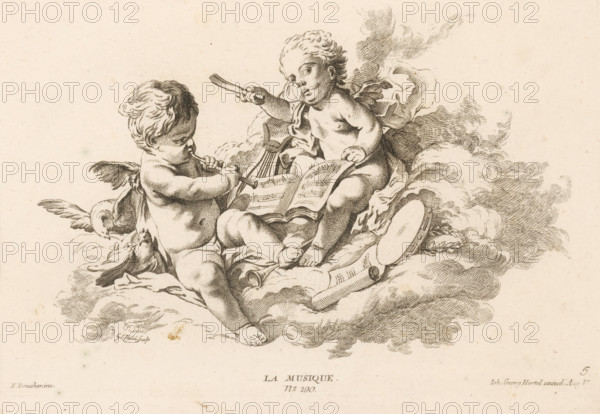 Music, La Musique, Livre des Arts, print, ornament print, Series number, 5, 6, Allegory of music. Two putti making music surrounded by sheet music and musical instruments. Publisher number 190., printmaker: Georg Leopold Hertel, after design by François Boucher, publisher: Johann Georg Hertel (I), Augsburg, 1750 - 1778, Bavaria, paper, etching, engraving, height 201 mm x width 298 mm, cupids: 'amores', 'amoretti', 'putti', 'Musica', symbolic representations, allegories and emblems, A detailed ink drawing of two winged cherubic children seated on billowing clouds, one child holding a slender flute to their lips while the other gestures with a thin baton toward an open musical book resting between them; the children have curled hair, soft rounded features, and small feathered wings, and are partially draped with flowing cloth; surrounding them are stylized clouds rendered with fine crosshatching, a small round drum lies near the open book, and a lyre shape is visible behind the book, wit...