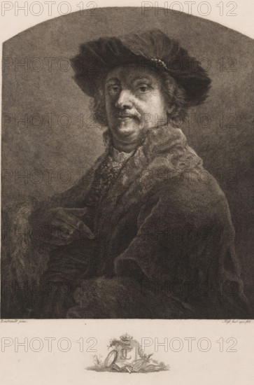 Portrait of Rembrandt van Rijn, print, printmaker: Carl Ernst Christoph Hess, after painting by Rembrandt van Rijn, 1765 - 1828, paper, etching, height 339 mm x width 225 mm, Person, historical persons, portrait, self-portrait of painter, the liberal arts, 'Artes Liberales', A monochrome engraved portrait of a middle-aged person shown from the torso up, wearing a wide, soft hat with a decorative band and a heavy fur-lined cloak, the face turned slightly toward the viewer with a neutral expression, curly hair visible under the hat, one gloved hand resting near the chest, detailed fur texture on the collar and cuffs, a softly shaded rounded background framing the figure, and a small decorative emblem with floral and ornamental elements centered below the portrait.