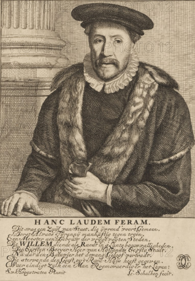 Portrait of Cornelis van Beveren, print, Portrait of the Dordrecht mayor Cornelis van Beveren. He wears a fur-trimmed cloak, a ruff, and a beret. In his left hand he holds a pair of gloves(?). A column stands behind him to the left. Below the image is a one-line Latin statement and below that an eight-line Dutch poem of praise for the sitter., printmaker: Godfried Schalcken, Dordrecht, after painting by Samuel van Hoogstraten, 1677, paper, etching, height 204 mm x width 149 mm, Person, Cornelis van Beveren, historical persons, A sepia-toned engraved portrait shows a middle-aged man seated, wearing a dark rounded cap and a ruffled collar, with a fur-lined robe draped over his shoulders; his face has a mustache and trimmed beard, and his expression is neutral as he gazes slightly to the side; one hand rests on a flat surface while the other holds a small wrapped object, and a fluted architectural column appears in the background to his left.