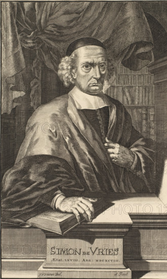 Portrait of Simon de Vries, print, Portrait of the writer Simon de Vries at the age of 68., printmaker: Jan van Vianen, Northern Netherlands, 1698, paper, etching, engraving, etching and engraving, height 320 mm x width 196 mm, Later state of the print used in: Vries, Simon de. Omstandigh vervolgh op Joh. Lodew. Gottfrieds Historische kronyck, of Algemeene historische gedenk-boeken der voornaemste uytgleeesenste weereldlycke en kercklyke geschiedenissen. Leiden: Pieter van der Aa (I), 1698., Person, Simon de Vries, A monochrome engraved portrait of an older man shown from the waist up seated behind a desk, wearing a dark skullcap and a voluminous robe with a wide collar and a white neckpiece, his hair curly at the sides; he has a serious facial expression with deep-set eyes and furrowed brow, one hand rests on an open book on the desk while the other hand is placed near his chest, behind him draped fabric and a bookshelf are visible, and a stone plinth forms the foreground beneath the ...