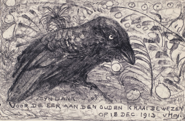 Crow, print, A crow with the text 'My thanks for the honor shown to the old crow on Dec 18, 1913' underneath., printmaker: Theo van Hoytema, 1913, paper, lithography, height 199 mm x width 284 mm, Print made as thanks for a dinner on the occasion of Van Hoytema's fiftieth birthday., song-birds: crow, A dense sketch of a large dark bird head fills the center, its textured feathers rendered with heavy, charcoal-like strokes and a single bright eye standing out against the dark plumage; the bird's beak curves downward and rests near a rounded light shape. Surrounding the bird are tangled, organic forms suggesting foliage and vines, with many circular shapes and leaflike patterns drawn in lighter, sketchy lines. The background is busy with overlapping scribbles, curved marks, and clustered round motifs, creating a textured, layered appearance across the surface.
