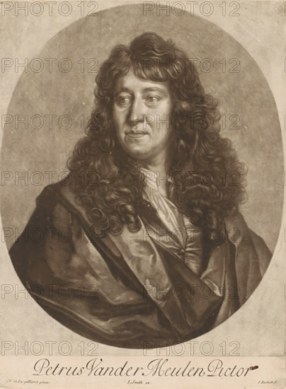 Portrait of Pieter van der Meulen, Petrus Vander Meulen Pictor, print, printmaker: Isaac Beckett, after painting by Nicolas de Largillière, publisher: John Smith (printmaker, publisher), London, c. 1683 - c. 1688, John Smith (printmaker, printmaker, after painting by, publisher, paper, mezzotint, height 302 mm x width 228 mm, Person, Pieter van der Meulen (1638-), historical persons, portrait, self-portrait of artist, A sepia-toned portrait of a person with long, curly hair falling over the shoulders, shown from the chest up within an oval frame. The person has a neutral facial expression with eyes looking slightly to the side and defined facial features. They wear layered clothing with a visible collar and draped outer fabric that creates folds and shading. The background within the oval is plain and textured, and there is a narrow border around the oval separating it from the lighter outer area.
