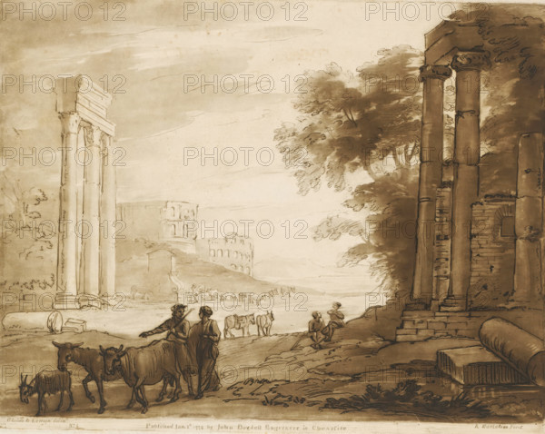 View in Rome with three columns of the Temple of Jupiter Stator and the Colosseum, Liber Veritatis. Or a Collection of Two Hundred Prints, after the original designs of Claude le Lorrain, Prints after drawings by Claude Lorrain, print, Series number, 1, 200, printmaker: Richard Earlom, after drawing by Claude Lorrain, publisher: John Boydell, London, 1774-01, paper, mezzotint, etching, mezzotint en etching, printed in brown, height 201 mm x width 257 mm, From 1774 John Boydell published two hundred prints based on the drawing book Liber Veritatis by Claude Lorrain, in the possession of the Dukes of Cavendish. These were published bound in two volumes from 1777 onwards., landscape with ruins, temple, shrine, Roman religion, Rome, Colosseum, Temple of Jupiter Stator, A sepia-toned landscape drawing shows tall classical columns and ruined stone structures on both sides, with leafy trees behind the right-hand ruins. In the foreground there are several cows and a goat being led along a dirt...