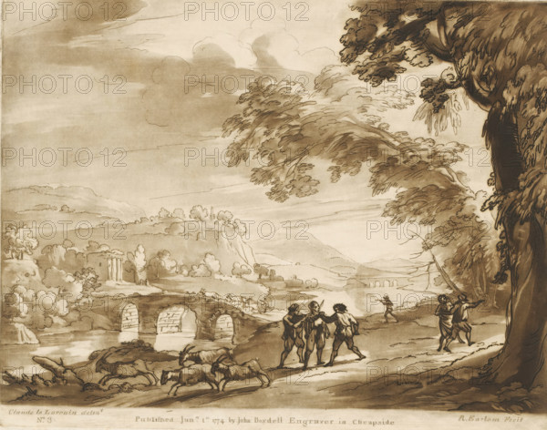 Landscape with stone bridge over river, bandits and fleeing goats, Prints after drawings by Claude Lorrain, Liber Veritatis. Or a Collection of Two Hundred Prints, after the original designs of Claude le Lorrain, print, Series number, 3, 200, Center: two people robbing a third person. On the right, a man shooting at a shepherd and a group of goats., printmaker: Richard Earlom, after drawing by Claude Lorrain, publisher: John Boydell, London, 1774-01-01, paper, mezzotint, etching, mezzotint and etching, printed in brown, height 202 mm x width 257 mm, From 1774, John Boydell published two hundred prints after the drawing book Liber Veritatis by Claude Lorrain, in the possession of the Dukes of Cavendish. These were published in two volumes from 1777., landscape with bridge, viaduct or aqueduct, river, goat, robbery, A sepia-toned landscape drawing showing a river with an arched stone bridge spanning it and gently rolling hills in the distance, a cluster of trees and shrubs scattered acro...