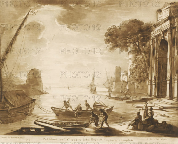 Harbour view with sunset and Roman gate, Liber Veritatis. Or a Collection of Two Hundred Prints, after the original designs of Claude le Lorrain, Prints after drawings by Claude Lorrain, print, Series number, 5, 200, printmaker: Richard Earlom, after drawing by Claude Lorrain, publisher: John Boydell, London, 1774-01-01, paper, mezzotint, etching, mezzotint and etching, printed in brown, height 209 mm x width 258 mm, From 1774 John Boydell published two hundred prints based on the drawing book Liber Veritatis by Claude Lorrain, in the possession of the Dukes of Cavendish. These were published in two volumes from 1777 onwards, harbour, sunset, landscapes with waters, waterscapes, seascapes (in the temperate zone), city-gate, A sepia-toned coastal scene showing small boats and larger ships on calm water, a group of people standing and rowing in shallow water and on the shore, a tall building with columns and an arched entrance at the water's edge partially obscured by trees, a towered fo...