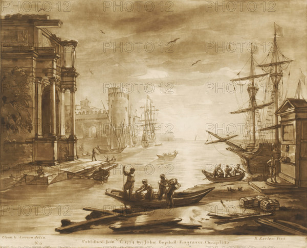 Harbour view with Roman building and fountain at sunset, Liber Veritatis. Or a Collection of Two Hundred Prints, after the original designs of Claude le Lorrain, Prints after drawings by Claude Lorrain, print, Series number, 6, 200, printmaker: Richard Earlom, after drawing by Claude Lorrain, publisher: John Boydell, London, 1774-01-01, paper, mezzotint, etching, mezzotint and etching, printed in brown, height 209 mm x width 259 mm, From 1774 John Boydell published two hundred prints based on the drawing book Liber Veritatis by Claude Lorrain, in the possession of the Dukes of Cavendish. These were published in two volumes from 1777 onwards, harbour, monumental adornments (in city), sunset, landscapes with waters, waterscapes, seascapes (in the temperate zone), landscape with tower or castle, A sepia-toned waterfront scene showing a harbor with tall sailing ships and smaller rowboats, a fortified round tower and arched gateway in the middle distance, and a large classical building with...