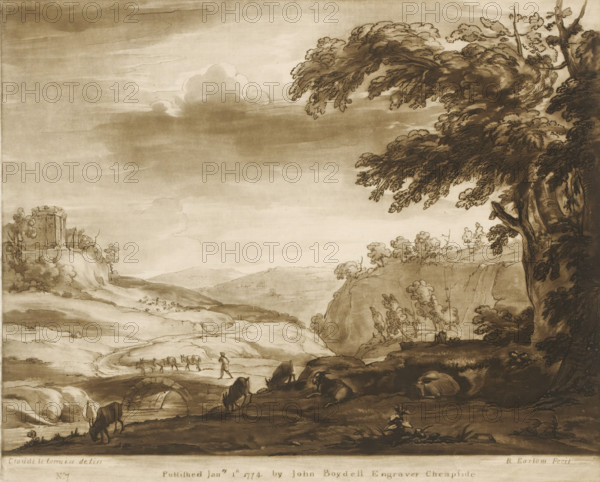 Mountainous landscape with bridge over a river, shepherd and goats, Liber Veritatis. Or a Collection of Two Hundred Prints, after the original designs of Claude le Lorrain, Prints after drawings by Claude Lorrain, print, Series number, 7, 200, printmaker: Richard Earlom, after drawing by Claude Lorrain, publisher: John Boydell, London, 1774-01-01, paper, mezzotint, etching, mezzotint and etching, printed in brown, height 209 mm x width 257 mm, From 1774 John Boydell published two hundred prints based on the drawing book Liber Veritatis by Claude Lorrain, in the possession of the Dukes of Cavendish. These prints were published in bundled two volumes starting in 1777., landscape with bridge, viaduct or aqueduct, river, goat, mountains, cattle driving, cattle driver, A sepia-toned landscape drawing showing a wide sky with large, soft clouds above rolling hills and distant mountains, a steep cliff on the right topped by a large, leafy tree with cascading branches, smaller trees and shrubs ...