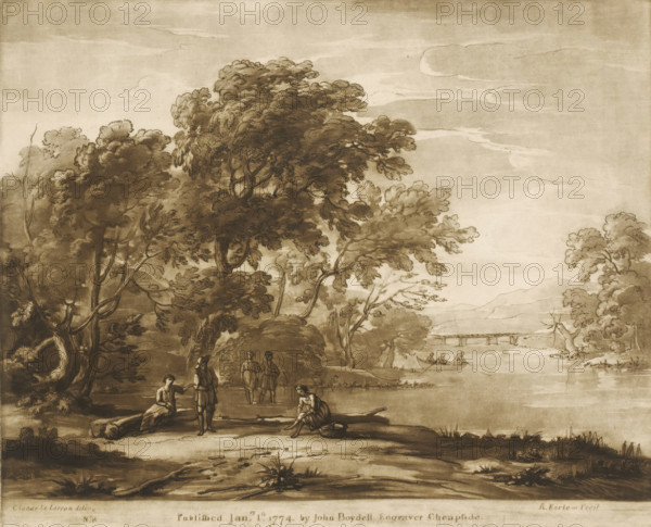 Forest landscape with figures crossing a river, Prints after drawings by Claude Lorrain, Liber Veritatis. Or a Collection of Two Hundred Prints, after the original designs of Claude le Lorrain, print, Series number, 8, 200, printmaker: Richard Earlom, after drawing by Claude Lorrain, publisher: John Boydell, London, 1774-01-01, paper, mezzotint, etching, mezzotint and etching, printed in brown, height 208 mm x width 257 mm, From 1774 John Boydell published two hundred prints based on the drawing book Liber Veritatis by Claude Lorrain, in the possession of the Dukes of Cavendish. These were published bound in two volumes from 1777 onwards., landscape with bridge, viaduct or aqueduct, forest, wood, river, crossing a river, A sepia-toned landscape showing tall, leafy trees with detailed branches filling the left and center, a calm river running across the right with a small boat holding seated figures, a low bridge visible in the distance, and several people near the water's edge includin...