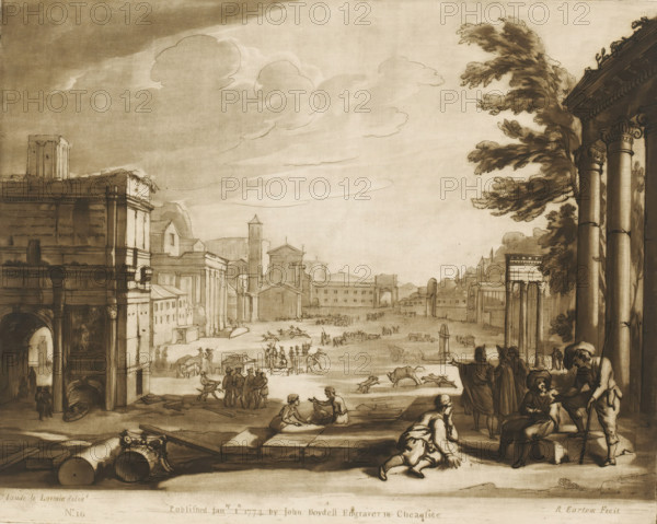 View of the Roman Forum in Rome, Prints after drawings by Claude Lorrain, Liber Veritatis. Or a Collection of Two Hundred Prints, after the original designs of Claude le Lorrain, print, Series number, 10, 200, printmaker: Richard Earlom, after drawing by Claude Lorrain, publisher: John Boydell, London, 1774-01-01, paper, mezzotint, etching, mezzotint and etching, printed in brown, height 208 mm x width 259 mm, From 1774 John Boydell published two hundred prints based on the drawing book Liber Veritatis by Claude Lorrain, in the possession of the Dukes of Cavendish. These were published bound in two volumes from 1777 onwards., landscape with ruins, triumphal arch, Rome, Forum Romanum, Arch of Septimius Severus, Temple of Jupiter Stator, A wide sepia-toned cityscape showing classical architecture and a busy open square, with tall columned buildings framing the scene on the right and a large arched structure on the left; the foreground contains scattered architectural fragments and fallen...