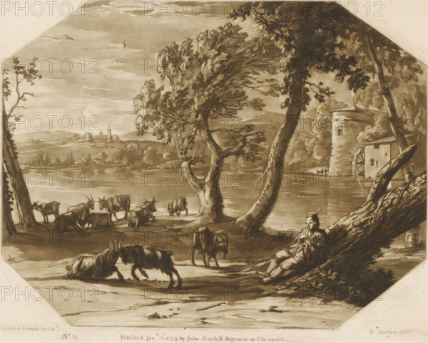 Landscape with shepherd and cattle on the bank of a river, Prints after drawings by Claude Lorrain, Liber Veritatis. Or a Collection of Two Hundred Prints, after the original designs of Claude le Lorrain, print, Series number, 11, 200, printmaker: Richard Earlom, after drawing by Claude Lorrain, publisher: John Boydell, London, 1774-01-01, paper, mezzotint, etching, mezzotint and etching, printed in brown, height 210 mm x width 259 mm, From 1774 John Boydell published two hundred prints based on the drawing book Liber Veritatis by Claude Lorrain, in the possession of the Dukes of Cavendish. These were published bound in two volumes from 1777 onwards., pastorals, Arcadian scenes, herding, herdsman, herdswoman, shepherd, shepherdess, cowherd, river, cattle, watermill in landscape, flute, aulos, tibia - CC - out of doors, A sepia-toned landscape shows a riverside scene with trees in the foreground and middle ground, their trunks curved and branches full of foliage. A small herd of goats s...