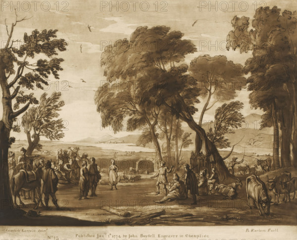 Landscape with dancing and music-making shepherds and shepherdesses, Liber Veritatis. Or a Collection of Two Hundred Prints, after the original designs of Claude le Lorrain, Prints after drawings by Claude Lorrain, print, Series number, 13, 200, printmaker: Richard Earlom, after drawing by Claude Lorrain, publisher: John Boydell, London, 1774-01-01, paper, mezzotint, etching, mezzotint and etching, printed in brown, height 208 mm x width 257 mm, From 1774 John Boydell published two hundred prints based on the drawing book Liber Veritatis by Claude Lorrain, in the possession of the Dukes of Cavendish. These were published bundled in two volumes starting in 1777., dancing, cattle, making music, musician with instrument - CC - out of doors, A landscape scene rendered in sepia tones showing a group of people gathered under and around large, leafy trees near an open plain and distant hills. Figures include men and women in period clothing standing, sitting, and interacting; some are mounted...