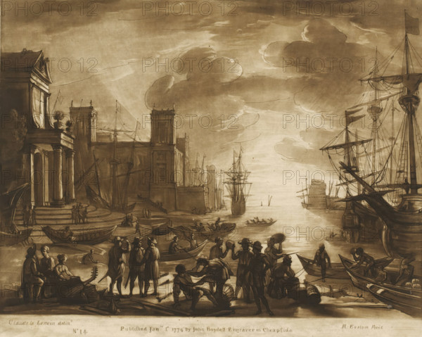 Seaport with setting sun and many figures and buildings on shore, Liber Veritatis. Or a Collection of Two Hundred Prints, after the original designs of Claude le Lorrain, Prints after drawings by Claude Lorrain, print, Series number, 14, 200, printmaker: Richard Earlom, after drawing by Claude Lorrain, publisher: John Boydell, London, 1774-01-01, paper, mezzotint, etching, mezzotint and etching, printed in brown, height 208 mm x width 258 mm, From 1774 John Boydell published two hundred prints based on the drawing book Liber Veritatis by Claude Lorrain, in the possession of the Dukes of Cavendish. These were published bundled in two volumes from 1777 onwards., harbour, sunset, city-view, and landscape with man-made constructions, A sepia-toned harbor scene showing a wide waterway flanked by large sailing ships with tall masts and rigging on the right and classical stone buildings with columns and balustrades on the left; numerous small rowboats and larger ships occupy the water, and gr...