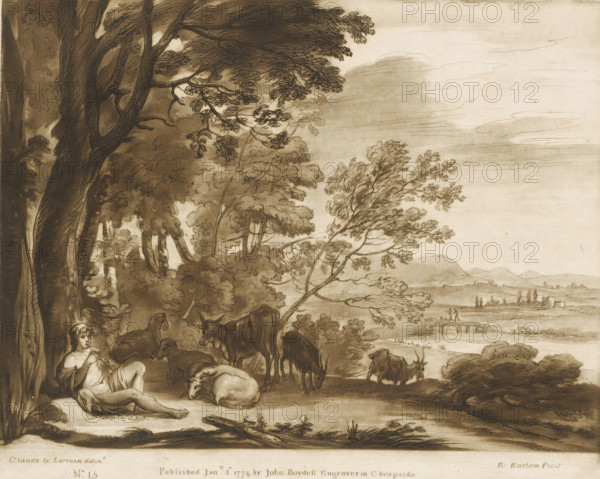 Landscape with a flute-playing shepherd under a tree and six cattle, Liber Veritatis. Or a Collection of Two Hundred Prints, after the original designs of Claude le Lorrain, Prints after drawings by Claude Lorrain, print, Series number, 15, 200, printmaker: Richard Earlom, after drawing by Claude Lorrain, publisher: John Boydell, London, 1774-01-01, paper, mezzotint, etching, mezzotint and etching, printed in brown, height 209 mm x width 258 mm, From 1774 John Boydell published two hundred prints based on the drawing book Liber Veritatis by Claude Lorrain, in the possession of the Dukes of Cavendish. These were published bound in two volumes from 1777 onwards., pastorals, Arcadian scenes, herding, herdsman, herdswoman, shepherd, shepherdess, cowherd, cattle, flute, aulos, tibia - CC - out of doors, A sepia-toned landscape drawing showing a wooded foreground with large trees and leafy branches framing a pastoral scene, a reclining partially draped figure leaning against a tree at the lo...