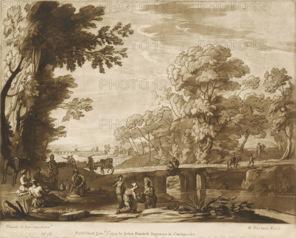 Landscape with stone bridge and four figures having their meal, Prints after drawings by Claude Lorrain, Liber Veritatis. Or a Collection of Two Hundred Prints, after the original designs of Claude le Lorrain, print, Series number, 16, 200, printmaker: Richard Earlom, after drawing by Claude Lorrain, publisher: John Boydell, London, 1774-01-01, paper, mezzotint, etching, mezzotint and etching, printed in brown, height 210 mm x width 258 mm, From 1774 John Boydell published two hundred prints based on the drawing book Liber Veritatis by Claude Lorrain, in the possession of the Dukes of Cavendish. These were published in bundled two volumes from 1777 onwards., picnic, alfresco, 'déjeuner sur l'herbe', landscape with bridge, viaduct or aqueduct, river, A wide sepia-toned landscape drawing showing a riverside scene with large, leafy trees on both sides and a cloudy sky above, a stone bridge crossing the river with an arched opening reflected in the water, groups of small human figures enga...