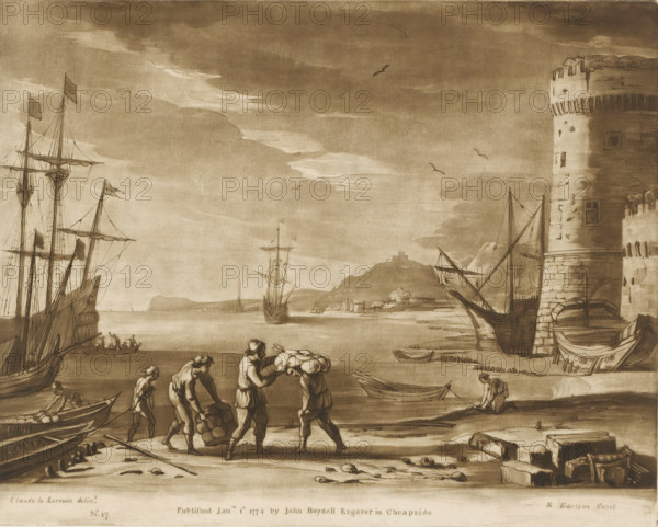 Seaport with figures loading merchandise onto a rowboat, Liber Veritatis. Or a Collection of Two Hundred Prints, after the original designs of Claude le Lorrain, Prints after drawings by Claude Lorrain, print, Series number, 17, 200, printmaker: Richard Earlom, after drawing by Claude Lorrain, publisher: John Boydell, London, 1774-01-01, paper, mezzotint, etching, mezzotint and etching, printed in brown, height 206 mm x width 258 mm, From 1774 John Boydell published two hundred prints based on the drawing book Liber Veritatis by Claude Lorrain, in the possession of the Dukes of Cavendish. These prints were published in two volumes from 1777 onwards: harbour, landscapes with waters, waterscapes, seascapes (in the temperate zone), landscape with tower or castle, A coastal scene rendered in sepia tones shows several tall sailing ships at anchor with rigging and flags, a large cylindrical stone tower on the right with visible masonry and small windows, smaller boats pulled up on the shore,...